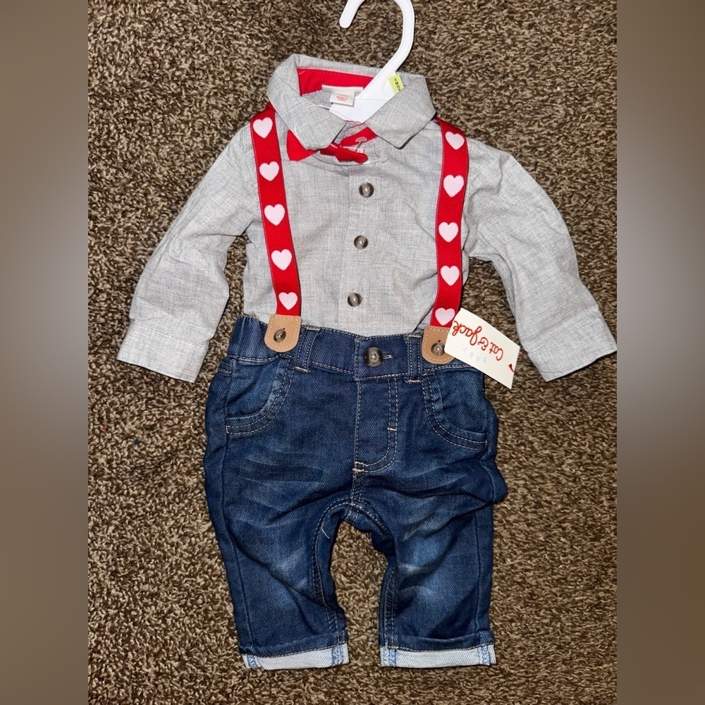 NWT Cat & Jack Baby Boys Denim Heart Suspender Set (Size: 0-3 Months)